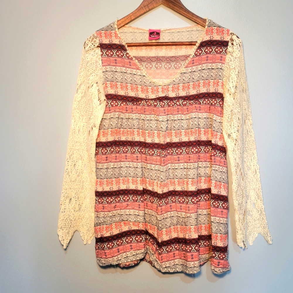 ALI DEE Collection Long Lace Sleeves Shirt Womens Size Small‎ Colorful Western